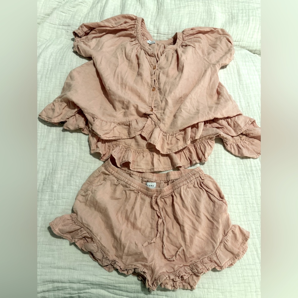 Soft Blush Ruffle Two-Piece Pajama Set by Unknown Brand